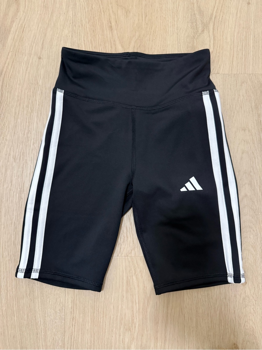 adidas Black High-Waist Athletic Bike Shorts with White Side Stripes
